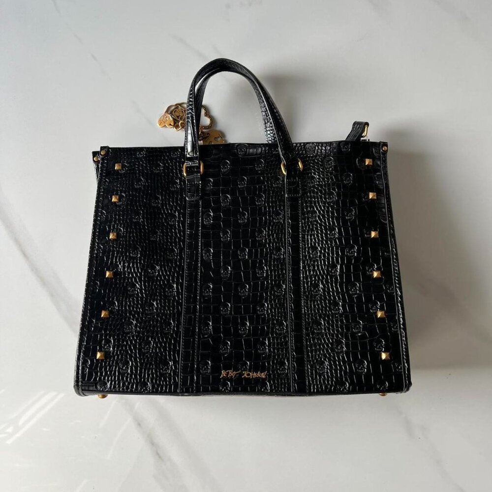 Rare Black Faux Leather Betsey Johnson Croc Embossed Tote Bag with Gold Charms